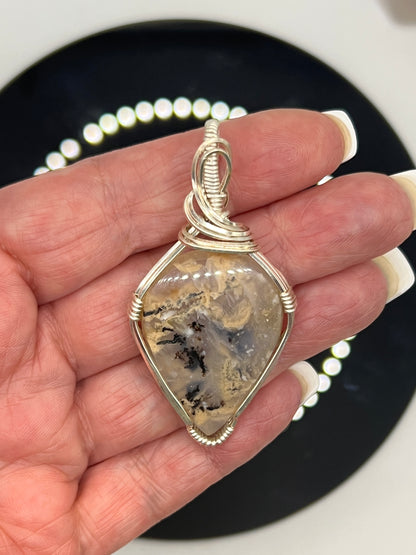 Tiger Dendritic Plume Agate Wire Wrapped in Sterling Silver Pl Copper (1)