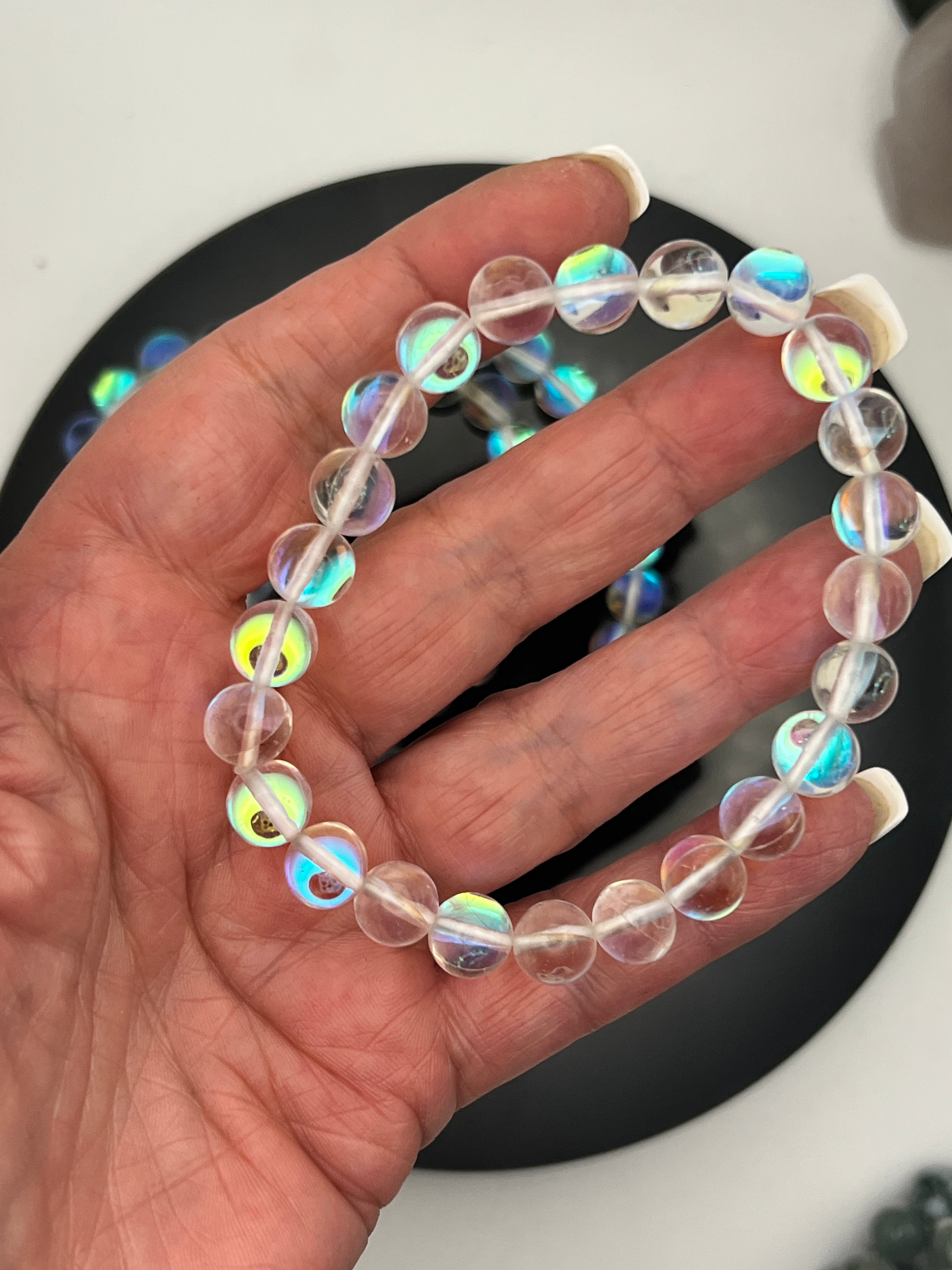 White Rainbow Quartz Beaded Bracelet 8mm Stretch Bracelet | Etsy | Beaded  bracelets, Rainbow quartz, Rainbow aura quartz