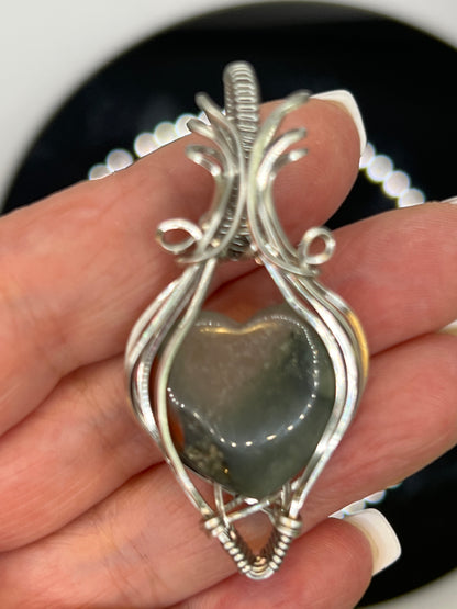 African Blood Stone Heart Wire Wrap in Titanium Finish